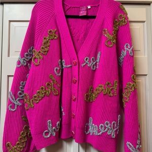 Queen of Sparkles Fuchsia Cardigan with Gold and Silver “Cheers” Embellishments